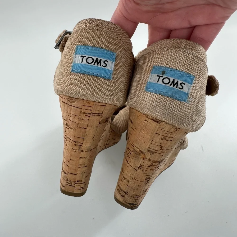 Toms womens sandals size 7.5 tan canvas cork wedges